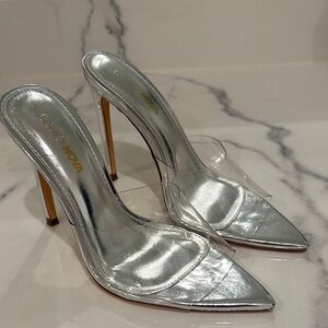 Clear Silver Mule Heeled Sandals